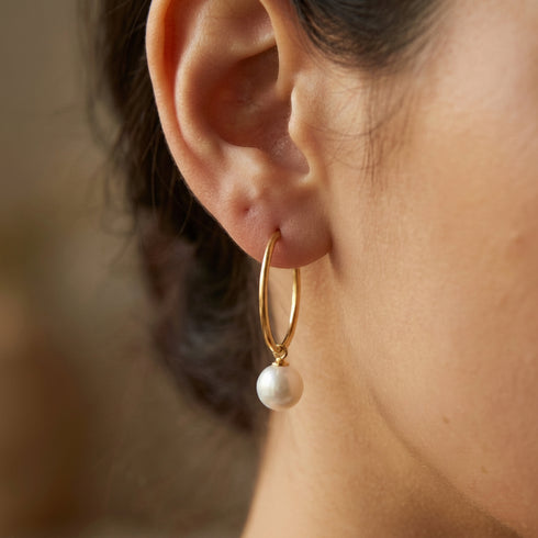 Earrings: large gold hoop with freshwater pearl drop, House Of Pearls - VA