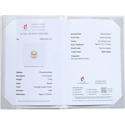 12-13mm Golden South Sea Pearl Fairy Drop Pendant Necklace shown with a pearl grading report