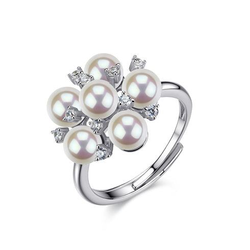 Ring: Freshwater Pearl Aurora Vine cluster with diamonds on a silver band by House Of Pearls JX