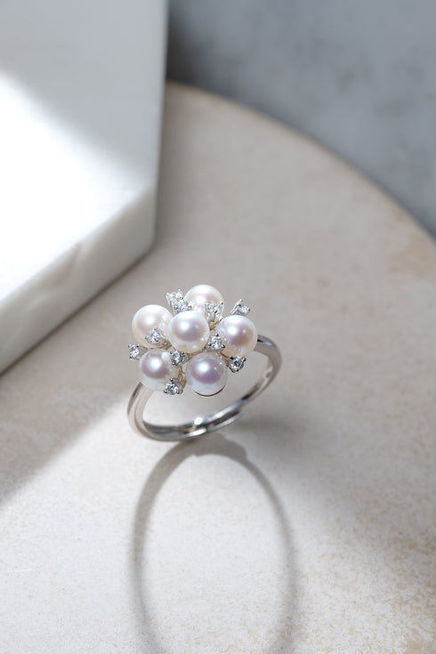 Ring featuring Freshwater Pearl Aurora Vine cluster with diamonds on a silver band