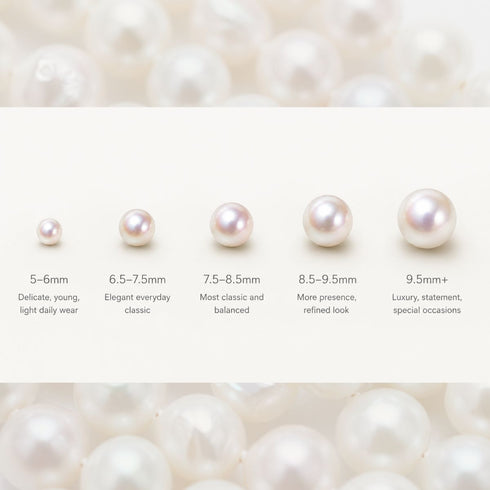 Pearl necklace by House Of Pearls -JT, classic white freshwater pearls in multiple lengths (5-9.5mm) on white background