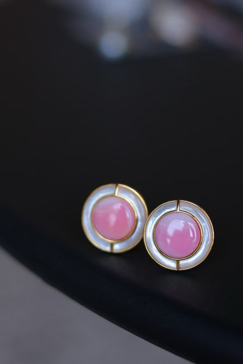 Pink Queen Conch Shell Princess Pearls Earrings with pink cabochon and white pearl ring set in gold-tone bezel