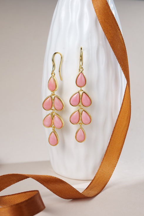 Princess Oval Pink Queen Conch Shell Earrings pair, gold-tone with pink teardrop stones.