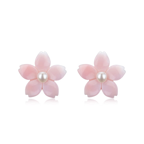 Princess Oval Pink Queen Conch Shell Earrings, pink flower petals with pearl centers, set of 2