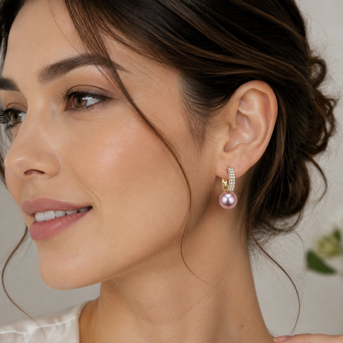 Earrings by House of Pearls-JT, 9-10mm purple freshwater pearl drop with CZ on a gold hoop.
