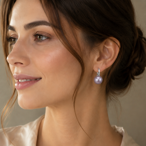 Purple freshwater pearl & classic hoop earrings by House of Pearls-JT; lavender pearl on a silver hoop.