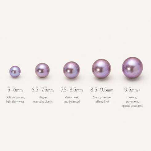 Freshwater pearl necklace size chart with five lavender pearls, sizes 5–6mm to 9.5mm+, by House Of Pearls -JT