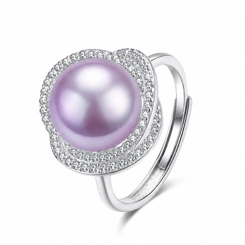 Ring: 11-12mm freshwater lavender pearl with double crystal halo in silver setting by House of Pearls-JT