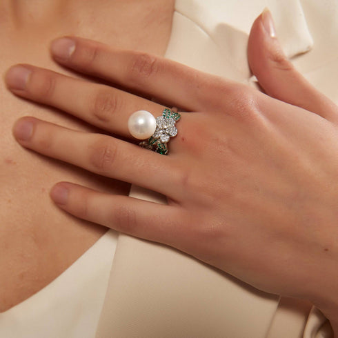11-12mm Freshwater Pearl & Floral Green CZ Ring - Rings made with hand-selected pearls from House of Pearls