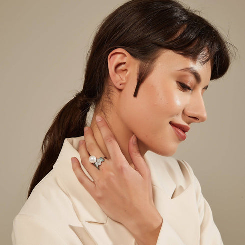 11-12mm Freshwater Pearl & Floral Green CZ Ring - Rings made with hand-selected pearls from House of Pearls