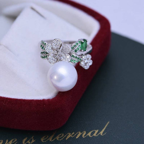 11-12mm Freshwater Pearl & Floral Green CZ Ring - Rings made with hand-selected pearls from House of Pearls