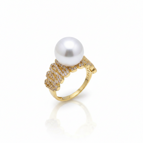 Ring: 11–12mm freshwater pearl with CZ-studded wide yellow-gold band by House of Pearls-JT