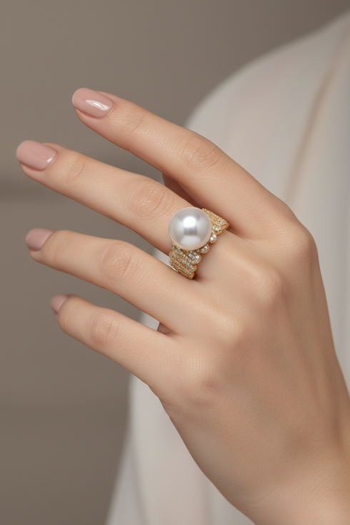 Ring, 11-12mm freshwater pearl with CZ accents on a wide gold-tone band