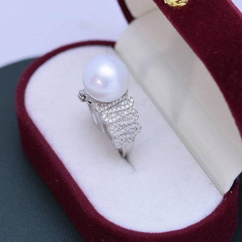 11-12mm Freshwater Pearl & Liz CZ Wide Ring - House Of Pearls