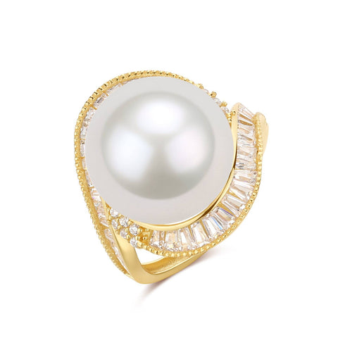 12-13mm Freshwater Pearl & Large Full CZ Rose Ring - House Of Pearls