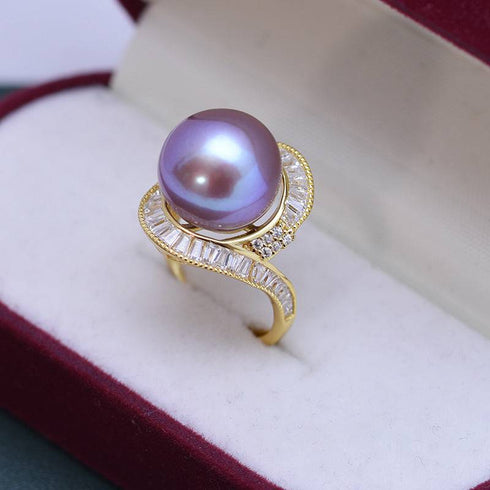 12-13mm Freshwater Pearl & Large Full CZ Rose Ring - House Of Pearls