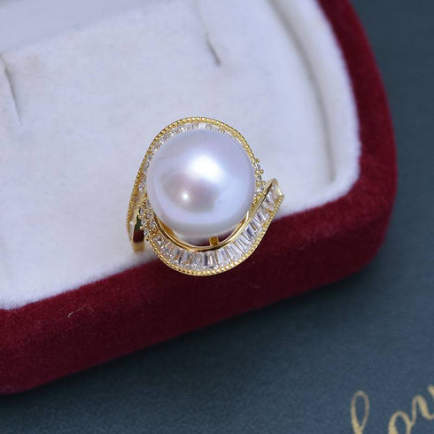 12-13mm Freshwater Pearl & Large Full CZ Rose Ring - House Of Pearls
