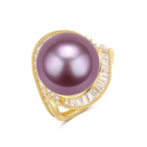 12-13mm Freshwater Pearl & Large Full CZ Rose Ring - House Of Pearls
