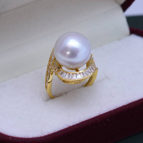 12-13mm Freshwater Pearl & Large Full CZ Rose Ring - House Of Pearls