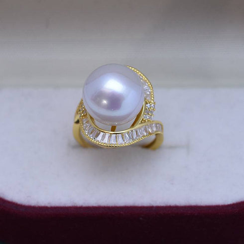 12-13mm Freshwater Pearl & Large Full CZ Rose Ring - House Of Pearls