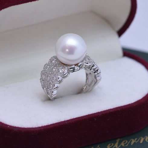 12-13mm Freshwater Pearl & Large Full CZ Wide Ring - House Of Pearls