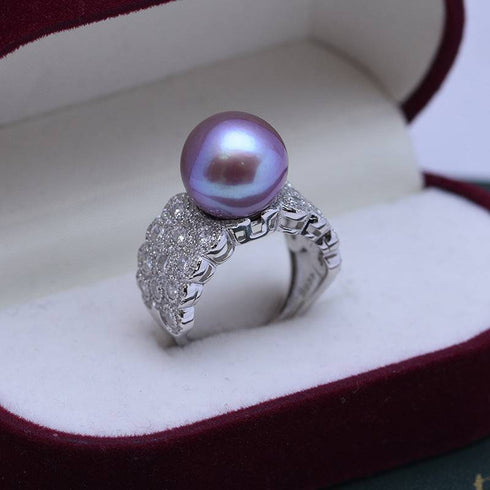 Ring: 12-13mm lavender freshwater pearl with large CZ pave band, silver-tone, House of Pearls-JT