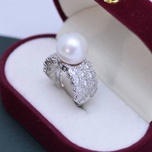 Ring: 12-13mm freshwater pearl with a large CZ pave band in silver tone, House of Pearls-JT
