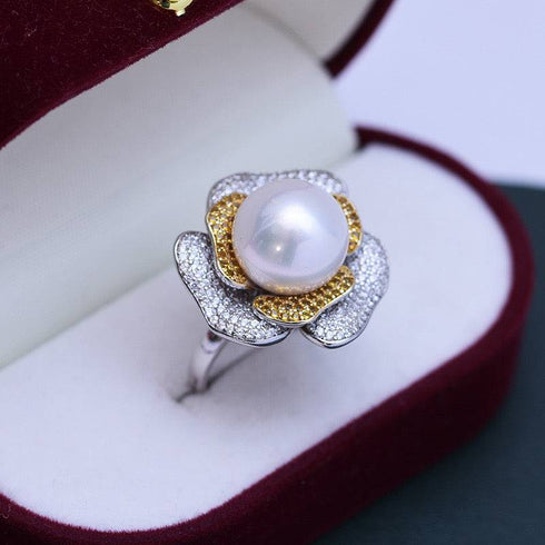 12-13mm Freshwater Pearl & Large Rose CZ Ring - House Of Pearls