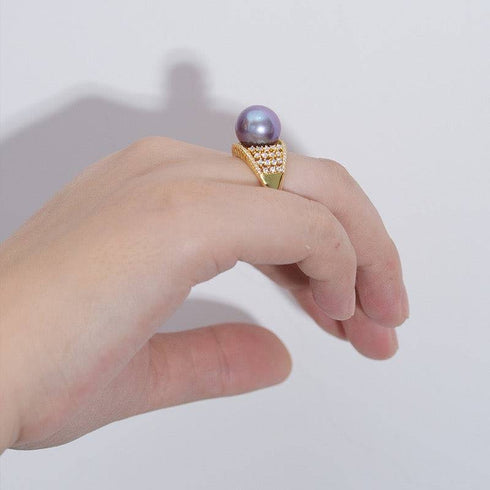 12-13mm Freshwater Pearl & Shine CZ Wide Ring with lavender pearl on a gold-tone band