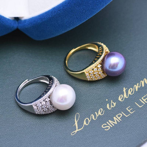 12-13mm Freshwater Pearl & Shine CZ Wide Ring - House Of Pearls