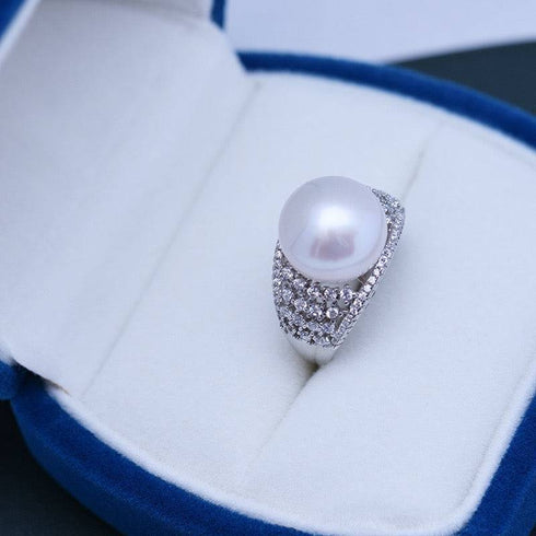 Ring: 12–13mm freshwater pearl with CZ pavé halo on a silver wide band, House of Pearls-JT