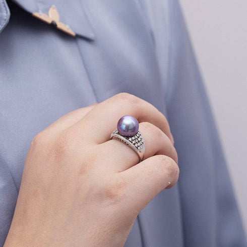 12-13mm Freshwater Pearl & Shine CZ Wide Ring with lavender pearl on silver-toned band