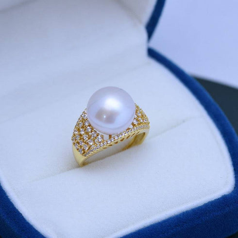 Ring, 12-13mm freshwater pearl with pave CZs on a wide gold band, House of Pearls-JT