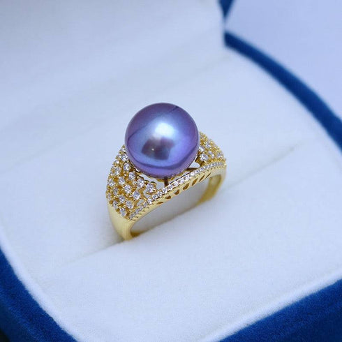 12-13mm Freshwater Pearl & Shine CZ Wide Ring, purple pearl on a gold pave band by House of Pearls-JT