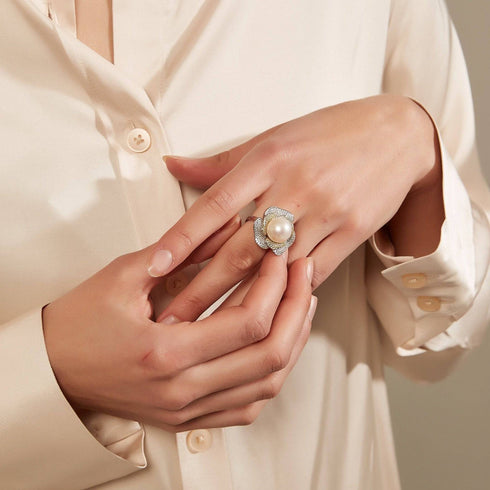 12-13mm Freshwater Pearl & Large Rose CZ Ring - House Of Pearls