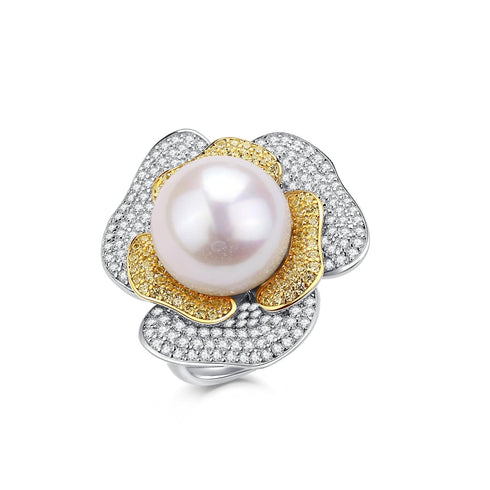 12-13mm Freshwater Pearl & Large Rose CZ Ring - House Of Pearls