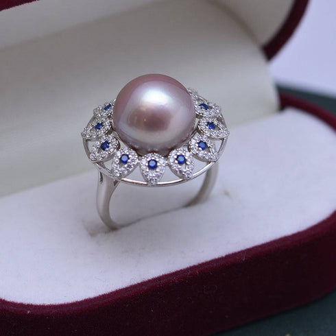 13-14mm Freshwater Pearl & Blue Gem Luxury Ring - House Of Pearls