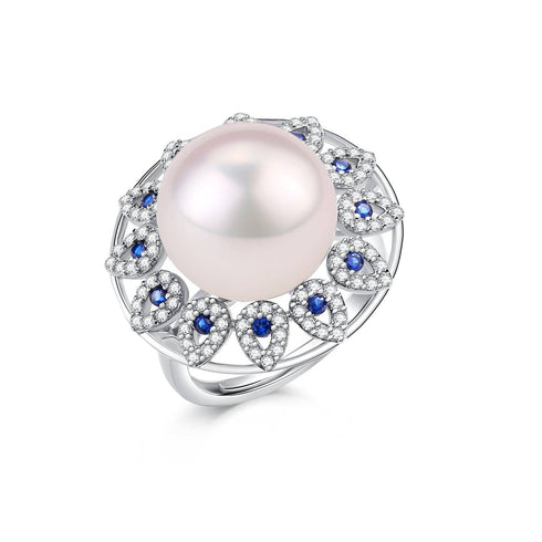 13-14mm Freshwater Pearl & Blue Gem Luxury Ring - House Of Pearls
