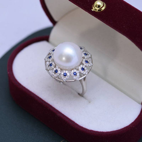 13-14mm Freshwater Pearl & Blue Gem Luxury Ring - House Of Pearls
