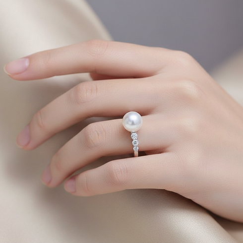 Rings 9-10mm freshwater pearl with a CZ-stone band on a silver setting
