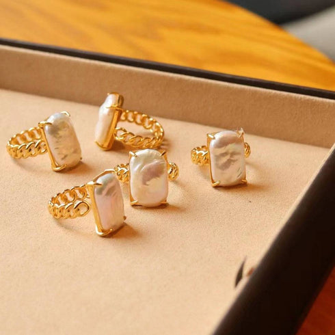 Adjustable Rectangular Freshwater Baroque Pearl Ring in Gold Vermeil - House Of Pearls