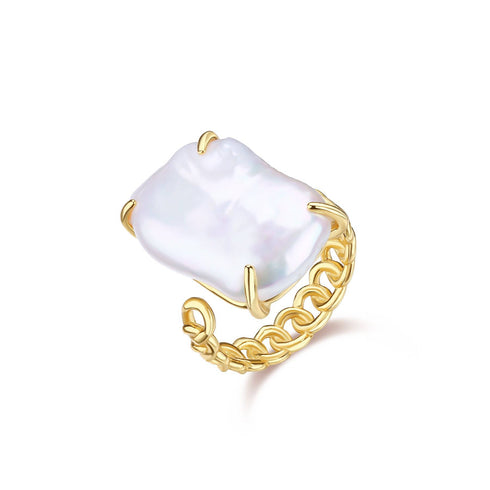 Adjustable Rectangular Freshwater Baroque Pearl Ring in Gold Vermeil - House Of Pearls
