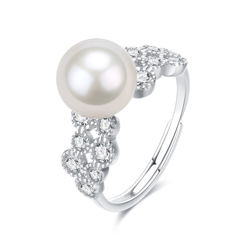 Ring 8-9mm Freshwater Pearl & Gloria CZ by House of Pearls-JT; diamond-accented silver band
