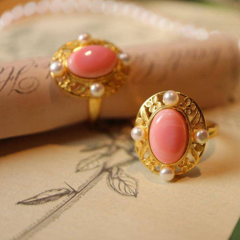 Stylish Pink Queen Conch Shell Pearls Ring Gold Vermeil - House Of Pearls