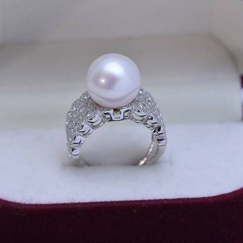 12-13mm freshwater pearl & large full CZ wide ring, silver-tone with pavé band