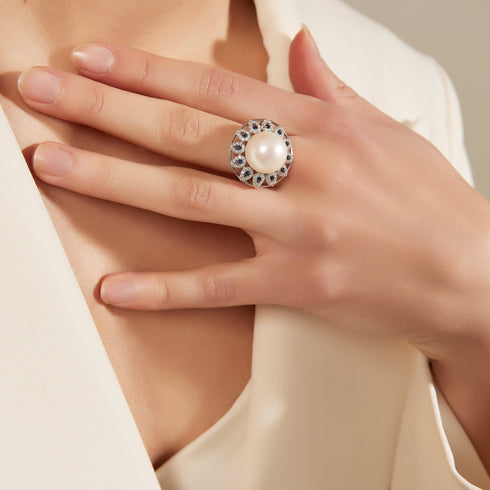 13-14mm Freshwater Pearl & Blue Gem Luxury Ring - House Of Pearls