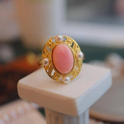 Stylish Pink Queen Conch Shell Pearls Ring Gold Vermeil - House Of Pearls