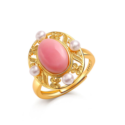 Stylish Pink Queen Conch Shell Pearls Ring Gold Vermeil - House Of Pearls