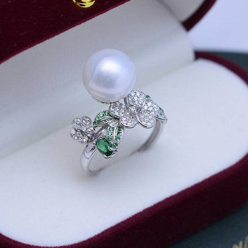11-12mm Freshwater Pearl & Floral Green CZ Ring - Rings made with hand-selected pearls from House of Pearls