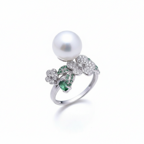 11-12mm Freshwater Pearl & Floral Green CZ Ring - Rings made with hand-selected pearls from House of Pearls